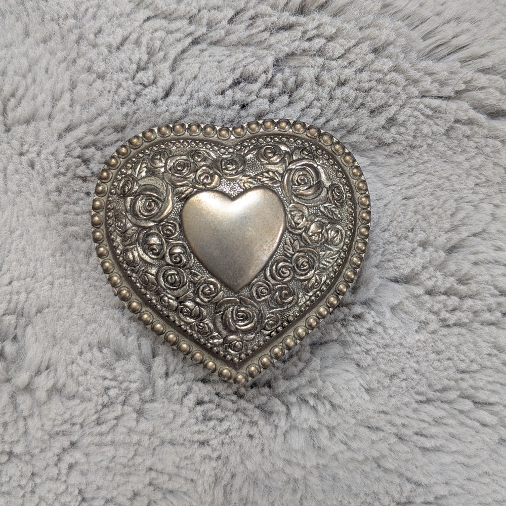 Vintage Heart-Shaped Trinket Box with Red Velvet Interior | Silver Tone Floral